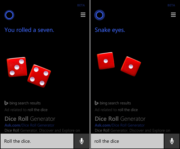 Lancia una moneta o lancia i dadi con Cortana su Windows Phone 8.1