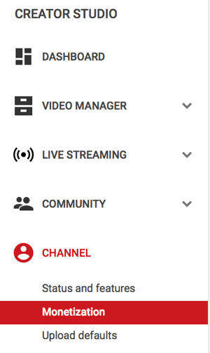 opzione del menu di monetizzazione sotto il canale su youtube
