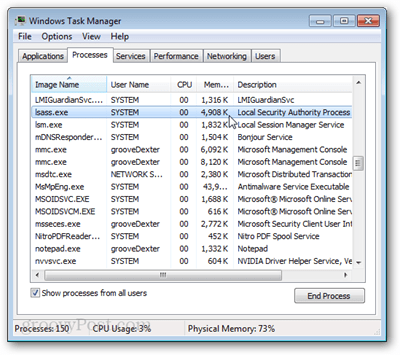 lsass.exe nel task manager di Windows 7