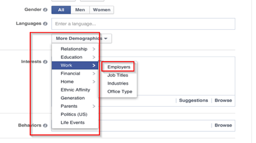opzioni di targeting sul posto di lavoro dell'annuncio di Facebook