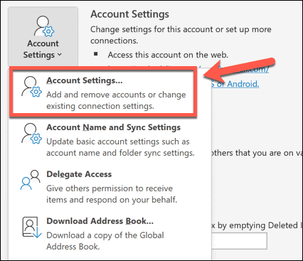 impostazioni dell'account Outlook