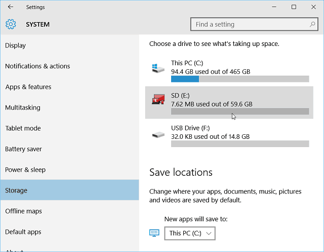 Impostazioni di archiviazione di Windows 10