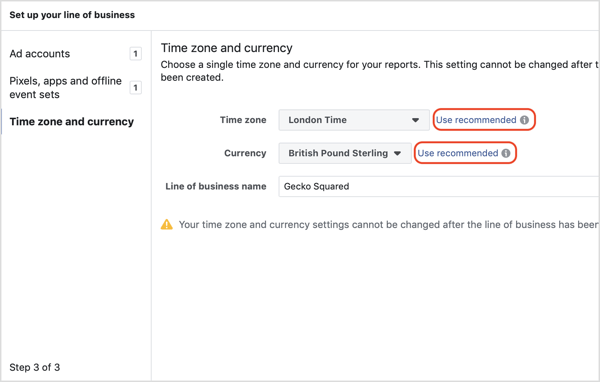 Scegli il fuso orario e la valuta durante la configurazione dello strumento di attribuzione di Facebook.