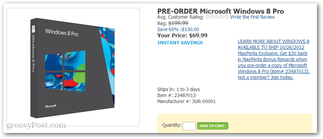 Acquista Windows 8 Pro per $ 40 da Amazon (DVD-ROM, $ 69,99 più credito Amazon di $ 30)