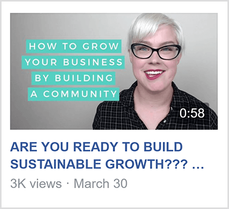 Per insegnare in un gruppo Facebook, Caitlin Bacher condivide un video come questo video con il testo How To Grow Il tuo business costruendo una comunità e un'immagine di Caitlin dalle spalle in su e di fronte a telecamera.