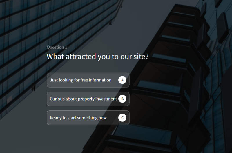 esempio di un quiz sul sito Web utilizzato per qualificare i lead su un sito di una società di formazione in materia di investimenti immobiliari