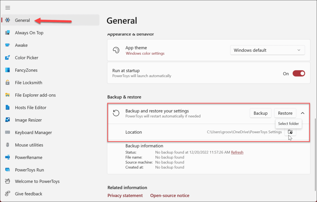 Backup delle impostazioni di PowerToys 