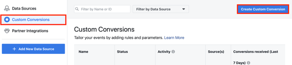 Usa lo strumento di configurazione degli eventi di Facebook, passaggio 10, opzione di menu per impostare conversioni personalizzate per il tuo pixel di Facebook 