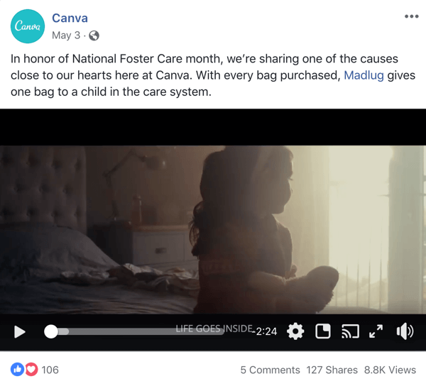 Esempio di post di Facebook con un'organizzazione senza scopo di lucro gridato da Canva.