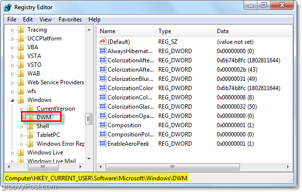 aprire la chiave di registro dwm in Windows 7