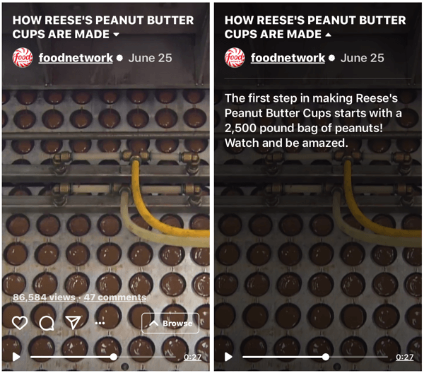 Esempio di spettacolo IGTV di Food Network che dimostra come sono fatte le tazze di burro di arachidi di Reese.
