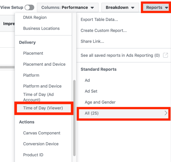 Suggerimenti per ridurre i costi degli annunci di Facebook, opzione per visualizzare l'ora del giorno (visualizzatore) dal menu a discesa Rapporti nella dashboard degli annunci di Facebook