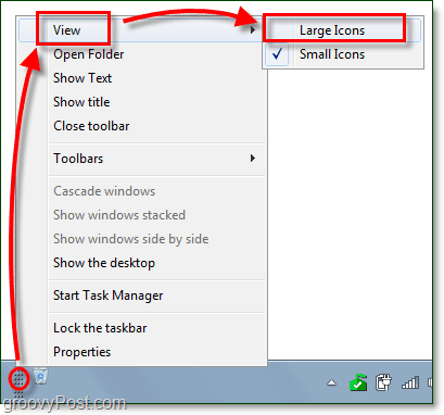 mostra icone grandi per una barra degli strumenti della barra delle applicazioni in Windows 7