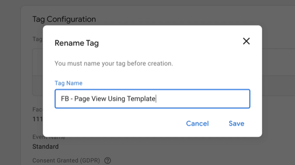 nuovo google tag manager nuovo tag con le opzioni del menu rinomina tag con il nuovo nome del tag inserito come "fb - visualizzazione della pagina utilizzando il modello"