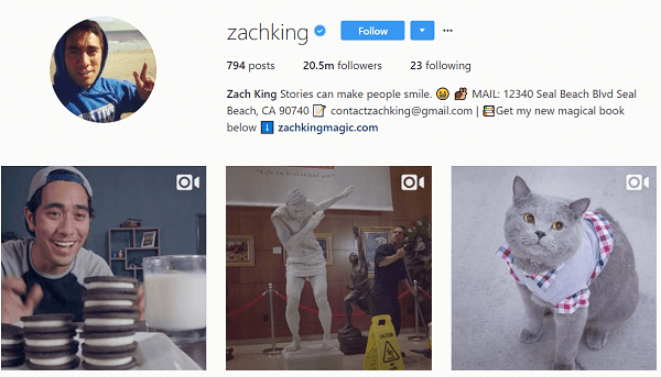Sebbene inizialmente avesse utilizzato Instagram per ripubblicare i suoi Vines, Zach iniziò presto a creare contenuti Instagram originali.