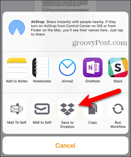 Tocca Dropbox su Condividi foglio su iOS