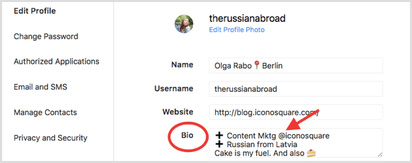 Campo Bio nella sezione Modifica profilo per il profilo Instagram