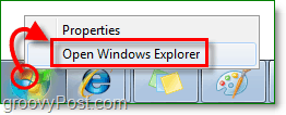 per accedere a Windows 7 Explorer, fai clic con il pulsante destro del mouse sul globo di avvio e fai clic su Apri Windows Explorer