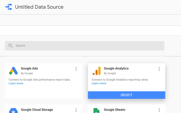 Utilizza Google Data Studio per analizzare i tuoi annunci di Facebook, passaggio 2, opzione per utilizzare Google Analytics come origine dati