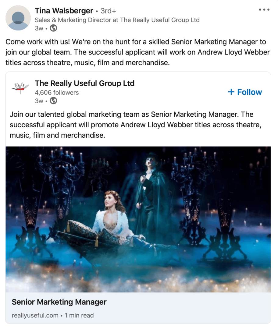immagine del post di reclutamento della pagina aziendale di LinkedIn ricondiviso dal dipendente sul profilo personale