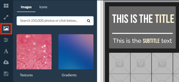 Fare clic sull'icona dell'immagine nel menu a sinistra per trovare le immagini stock in RelayThat.