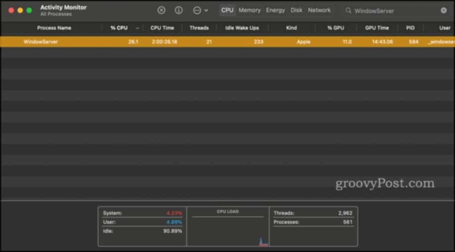 Trova ed esci dal processo " WindowServer " in Activity Monitor