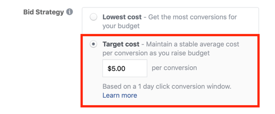 Opzione di offerta del costo target di Facebook.