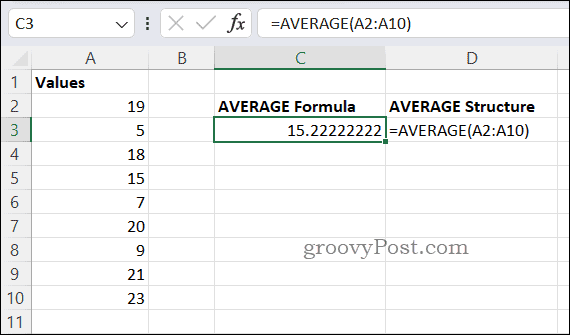 Esempio di formula MEDIA in Excel