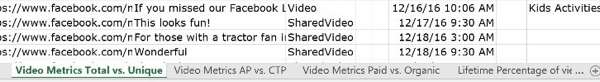 La prima scheda del tuo file di approfondimenti video mostra le metriche per visualizzazioni video totali e uniche.