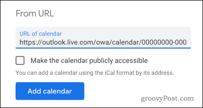 Aggiunta di un calendario di Outlook a Google Calendar per URL