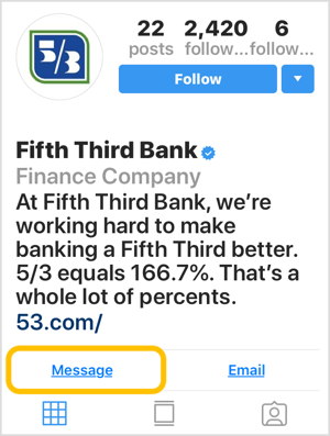 Profilo Instagram per banca con pulsante Messaggio di invito all'azione.