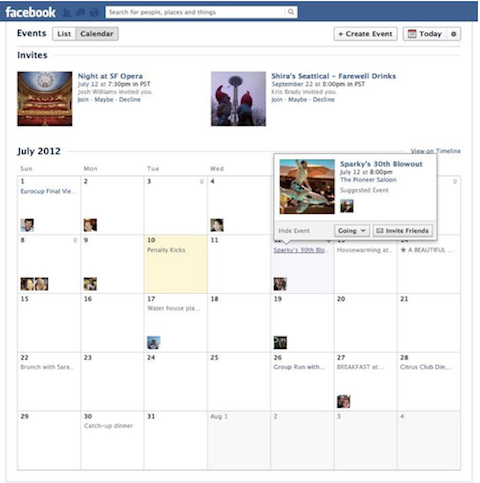 vista calendario eventi Facebook