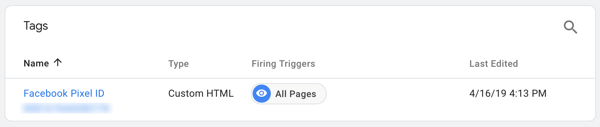 Usa Google Tag Manager con Facebook, passaggio 7, vedi il tag che prende il nome dal tuo Facebook Pixel