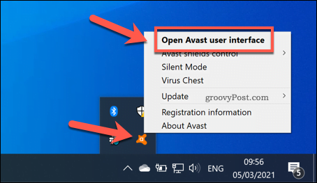 Apertura del menu utente di Avast