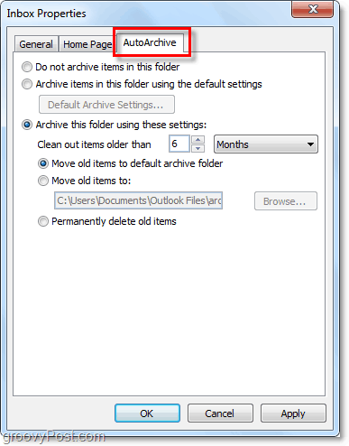 Scheda della cartella di archiviazione automatica di Outlook 2010