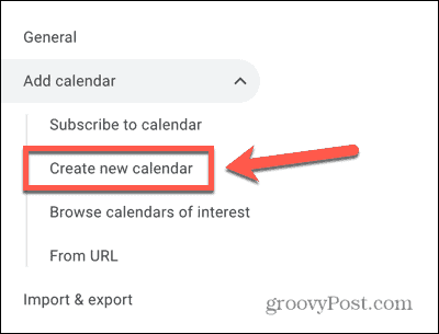 Google Calendar crea una nuova schermata dell'opzione del calendario