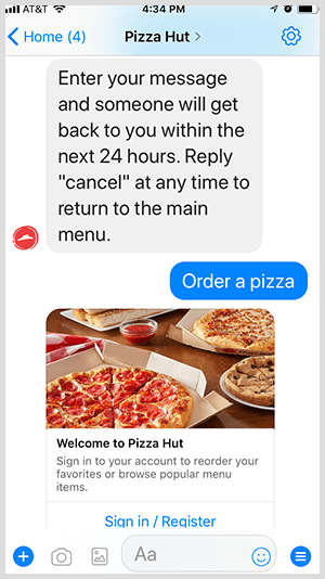 Pizza Hut automatizza l'ordinazione della pizza tramite il bot Messenger.