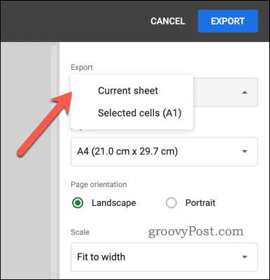 Scelta dell'opzione di esportazione per l'esportazione PDF in Fogli Google