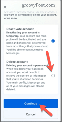Scegliere di eliminare un account Facebook sul cellulare