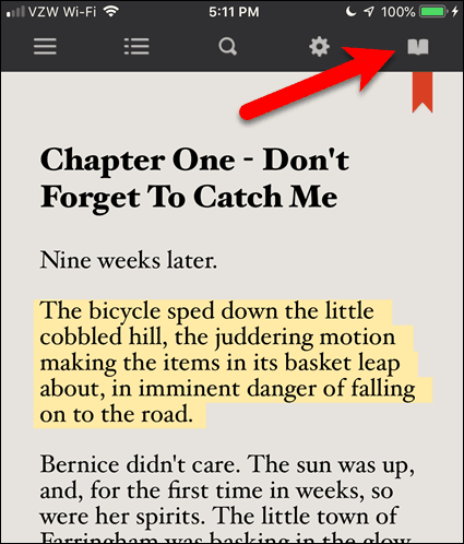 Tocca l'icona del libro aperto in un eBook in BookFusion per iOS