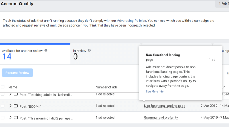 passaggio 3 di come utilizzare lo strumento per la qualità dell'account Facebook