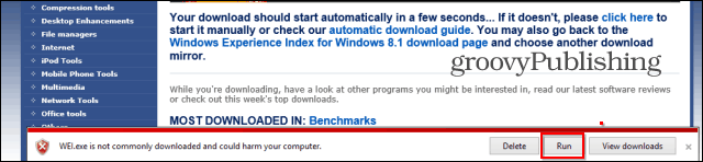 Avviso di download dell'indice di Windows Experience