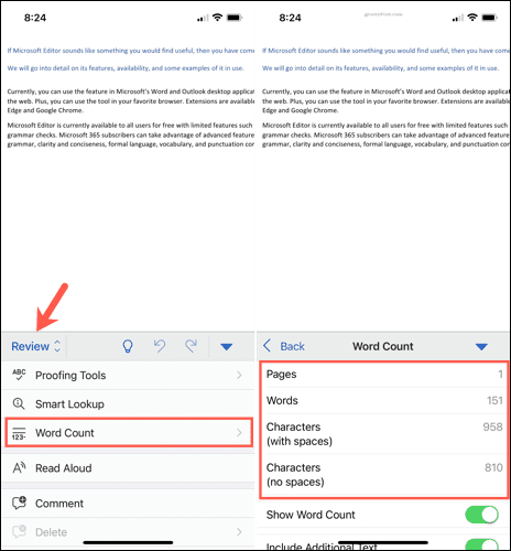 Conteggio parole in Microsoft Word su dispositivi mobili