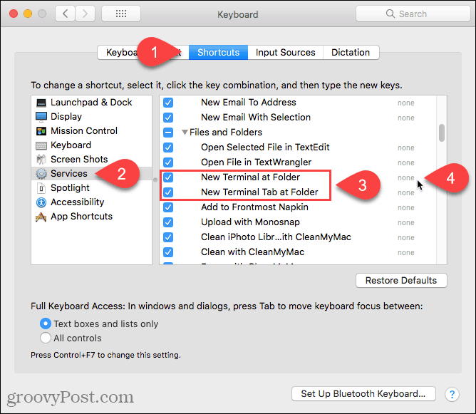 Fare clic su Nessuno per aggiungere un collegamento al servizio Nuovo terminale nella cartella su un Mac