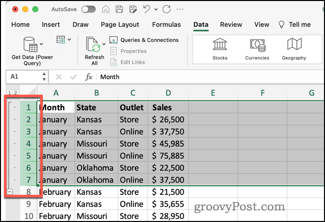 Gruppo di righe con controlli in Excel