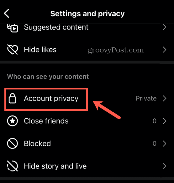 menu privacy dell'account instagram