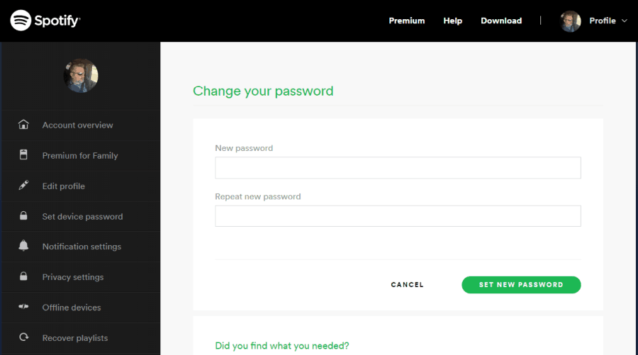 resetta la password di spotify