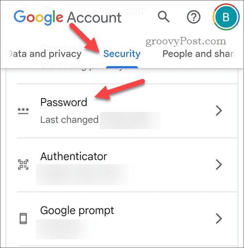 Apri le impostazioni della password dell'account Google