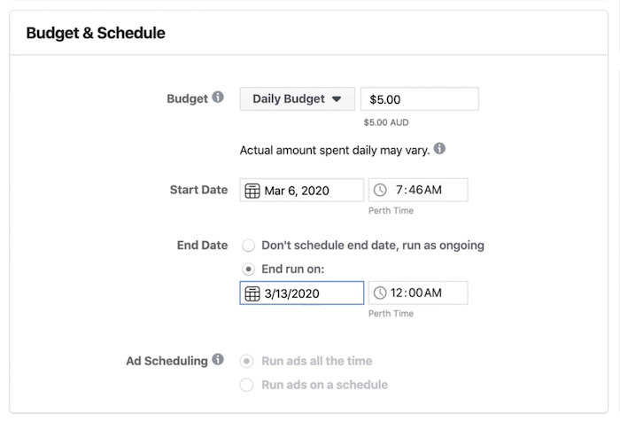 Sezione budget e pianificazione a livello di set di annunci in Facebook Ads Manager