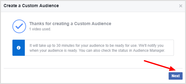 Facebook visualizza un messaggio che conferma che il pubblico personalizzato del tuo video è stato completato.